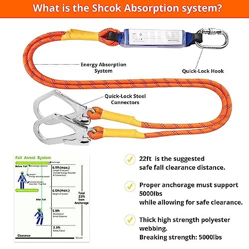 Safety Harness Fall Protection Kit: Full Body Roofing harnesses with Shock Absorbing Lanyard - Updated Comfortable Waist Pad