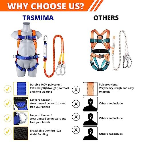 Safety Harness Fall Protection Kit: Full Body Roofing harnesses with Shock Absorbing Lanyard - Updated Comfortable Waist Pad
