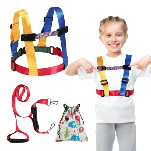 Safety Harness Leash for Active Child (3-6 yrs), Kids Walking Harness with Quick Grab Handle and Pouch, Adjustable Tether for Autism, Special Needs, ADHD ASD Child Colorful Strap with Autism Awareness