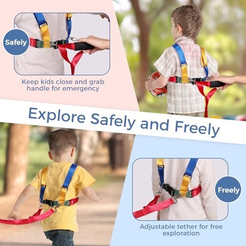 Safety Harness Leash for Active Child (3-6 yrs), Kids Walking Harness with Quick Grab Handle and Pouch, Adjustable Tether for Autism, Special Needs, ADHD ASD Child Colorful Strap with Autism Awareness