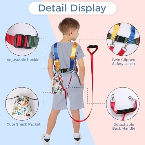 Safety Harness Leash for Active Child (3-6 yrs), Kids Walking Harness with Quick Grab Handle and Pouch, Adjustable Tether for Autism, Special Needs, ADHD ASD Child Colorful Strap with Autism Awareness