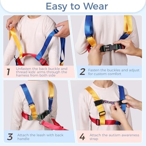 Safety Harness Leash for Active Child (3-6 yrs), Kids Walking Harness with Quick Grab Handle and Pouch, Adjustable Tether for Autism, Special Needs, ADHD ASD Child Colorful Strap with Autism Awareness