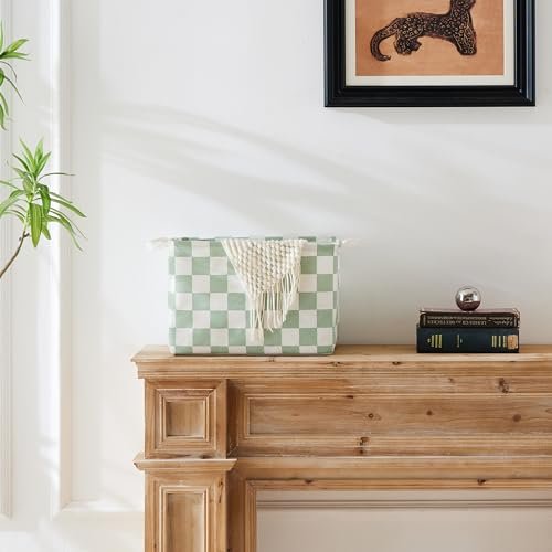Sage Green Checkered Canvas Basket, Rectangular Organizing Decorative Storage Basket for Kids, Dog Toy, Cute Aesthetic Checkered Room Decor for Home, Kitchen, Bedroom, Classroom, Shelves