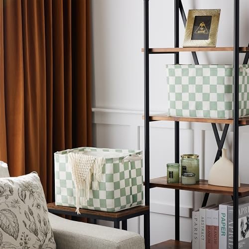 Sage Green Checkered Canvas Basket, Rectangular Organizing Decorative Storage Basket for Kids, Dog Toy, Cute Aesthetic Checkered Room Decor for Home, Kitchen, Bedroom, Classroom, Shelves