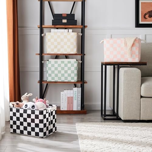 Sage Green Checkered Canvas Basket, Rectangular Organizing Decorative Storage Basket for Kids, Dog Toy, Cute Aesthetic Checkered Room Decor for Home, Kitchen, Bedroom, Classroom, Shelves