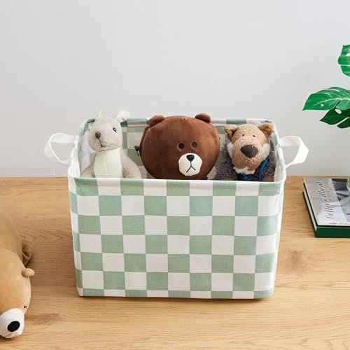 Sage Green Checkered Canvas Basket, Rectangular Organizing Decorative Storage Basket for Kids, Dog Toy, Cute Aesthetic Checkered Room Decor for Home, Kitchen, Bedroom, Classroom, Shelves
