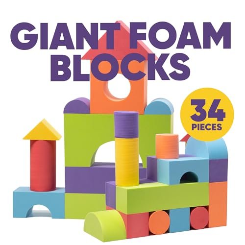Set of 34 Large Foam Blocks for Toddlers - Stacking Soft Blocks for Kids with Shapes & Colors Learning - Construction Building Preschool Toys - Soft Toy for Daycare Toddlers 3-5 & Above
