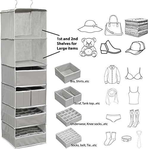 Simple Houseware 6 Shelf Hanging Closet Organizer with 5 Drawers Storage, Gray