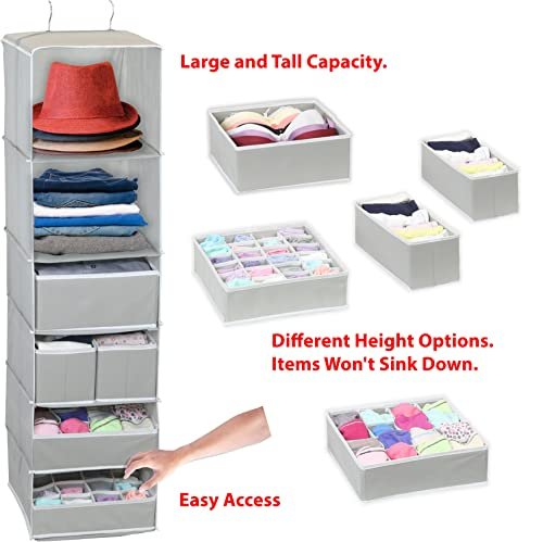 Simple Houseware 6 Shelf Hanging Closet Organizer with 5 Drawers Storage, Gray