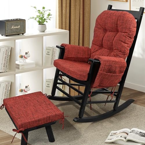 SINOSSO Glider Rocker Cushion Set (5 Pcs), Soft Blended Fabric High-Density Support Foam Seat Cushions with Ties, Fits Rocking Chair/Nursery Glider & Ottoman, Red