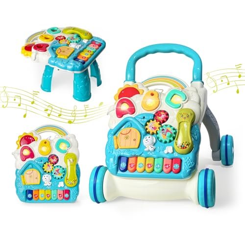 Sit to Stand Baby Walker, Activity Center with Music and Light, Activity Table for Toddlers, Push Toys for Babies Learning to Walk, Early Education Toys for Infant Boys Girls 6 Months Up (Blue)