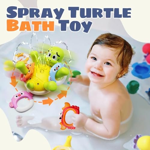 Sizobi Baby Bath Toys, Rechargeable Turtle Bath Toy Sprinkler for Kids Toddler with 5 Rings, Bathtub Fountain Spray Toy for Baby, Pool Water Table Bath Toys for Kids Ages 1-3 4 5 6 Year Old Boys Gifts