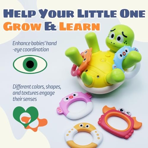 Sizobi Baby Bath Toys, Rechargeable Turtle Bath Toy Sprinkler for Kids Toddler with 5 Rings, Bathtub Fountain Spray Toy for Baby, Pool Water Table Bath Toys for Kids Ages 1-3 4 5 6 Year Old Boys Gifts