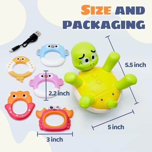 Sizobi Baby Bath Toys, Rechargeable Turtle Bath Toy Sprinkler for Kids Toddler with 5 Rings, Bathtub Fountain Spray Toy for Baby, Pool Water Table Bath Toys for Kids Ages 1-3 4 5 6 Year Old Boys Gifts