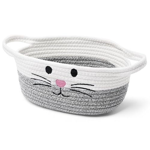 Small Woven Baskets for Organizing Rope with Handle Cute Cotton Basket for Nursery Gift Dog Cat Toy Storage Basket for Toy Organizer-Gray