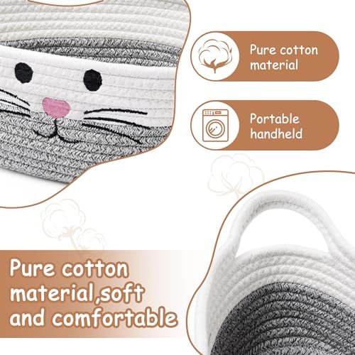 Small Woven Baskets for Organizing Rope with Handle Cute Cotton Basket for Nursery Gift Dog Cat Toy Storage Basket for Toy Organizer-Gray