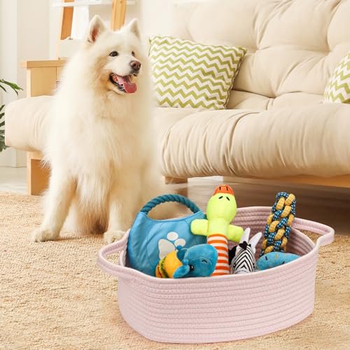 Small Woven Cotton Rope Basket Cute Baby Gift Baskets Empty Decorative Storage for Organizing Shelves Closet Baby Nursery Basket Bin Toy Storage Basket Organizer 13.7"x10.2"x5" Pink Easter