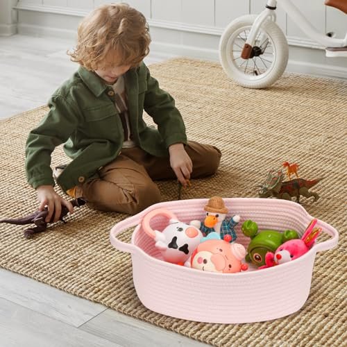 Small Woven Cotton Rope Basket Cute Baby Gift Baskets Empty Decorative Storage for Organizing Shelves Closet Baby Nursery Basket Bin Toy Storage Basket Organizer 13.7"x10.2"x5" Pink Easter
