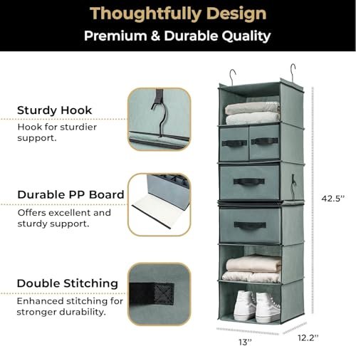 SMIRLY 6 Shelf Hanging Closet Organizer Hanging Shelves, Closet Hanging Organizer with 2 Sturdy Hooks for Wardrobe, Nursery, Storage (Grey, Separate)