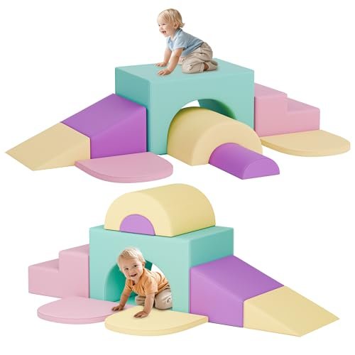 ‌Soft Climbing Toys for Toddlers, 7-Piece Baby Soft Foam Climbing Blocks, PU Leather Gym Climb and Crawl Activity Play Set, Indoor Climbing Toys for Kids and Children, Pink