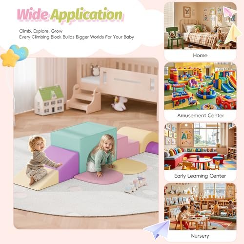 ‌Soft Climbing Toys for Toddlers, 7-Piece Baby Soft Foam Climbing Blocks, PU Leather Gym Climb and Crawl Activity Play Set, Indoor Climbing Toys for Kids and Children, Pink