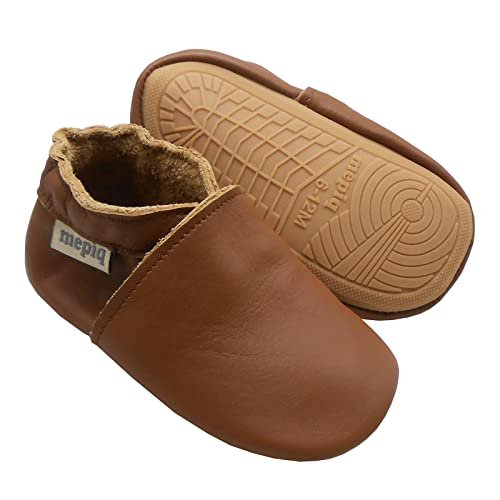 Soft Leather Slippers Baby Moccasins with Rubber Sole, Anti-Slip Infant Toddler First Walking Shoes for Boys Girls, 0-24 Months