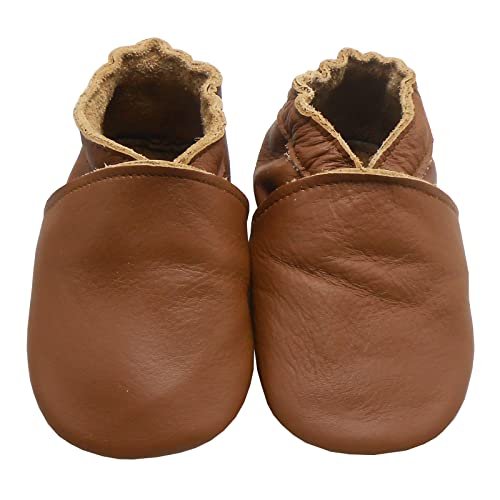 Soft Leather Slippers Baby Moccasins with Rubber Sole, Anti-Slip Infant Toddler First Walking Shoes for Boys Girls, 0-24 Months