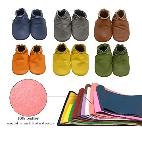 Soft Leather Slippers Baby Moccasins with Rubber Sole, Anti-Slip Infant Toddler First Walking Shoes for Boys Girls, 0-24 Months