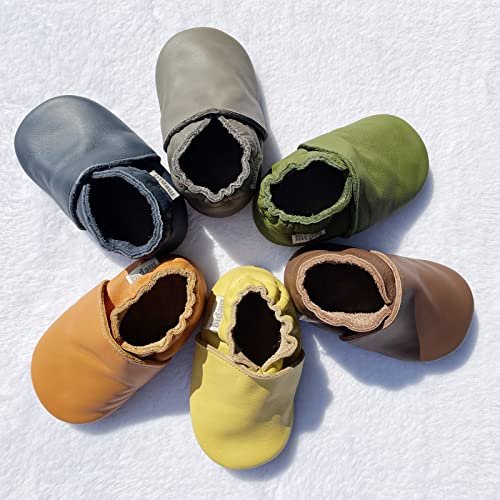 Soft Leather Slippers Baby Moccasins with Rubber Sole, Anti-Slip Infant Toddler First Walking Shoes for Boys Girls, 0-24 Months