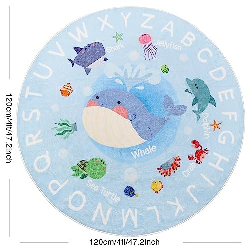 Soft Round ABC Rug for Kids Room,4 ft Washable Circle Nursery Rug,Non-Slip Whale Alphabet Baby Kids Rug Carpet for Nursery Playroom Bedroom Kids Room Decor