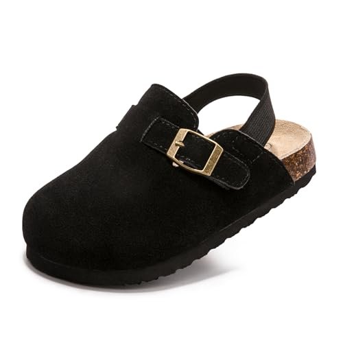 Soft Suede Kids Clogs for Toddlers - Adjustable Buckle Slip-On Mules for Boys & Girls, Featuring Cork Footbeds & Leather Details, Stylish & Comfortable Potato Shoes