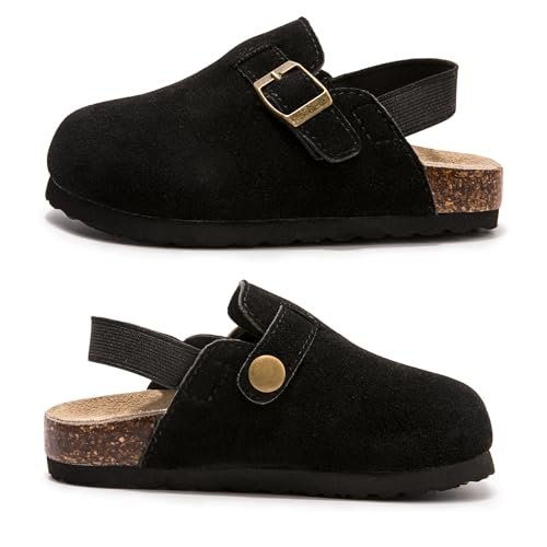 Soft Suede Kids Clogs for Toddlers - Adjustable Buckle Slip-On Mules for Boys & Girls, Featuring Cork Footbeds & Leather Details, Stylish & Comfortable Potato Shoes