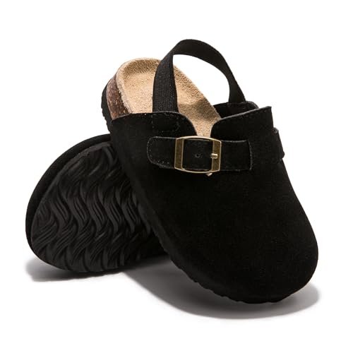 Soft Suede Kids Clogs for Toddlers - Adjustable Buckle Slip-On Mules for Boys & Girls, Featuring Cork Footbeds & Leather Details, Stylish & Comfortable Potato Shoes