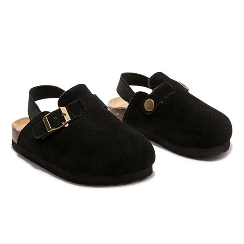 Soft Suede Kids Clogs for Toddlers - Adjustable Buckle Slip-On Mules for Boys & Girls, Featuring Cork Footbeds & Leather Details, Stylish & Comfortable Potato Shoes