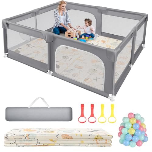 Sour Lemon Baby Playpen with Play Mat, 79x71 inch Extra Large Playpen for Babies and Toddlers, Baby Fence Play Pen Yard with Safety Gate Fence with 50 Ocean Balls 4 Pull Rings for Kids Indoor Outdoor