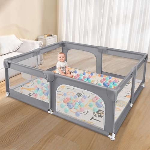 Sour Lemon Baby Playpen with Play Mat, 79x71 inch Extra Large Playpen for Babies and Toddlers, Baby Fence Play Pen Yard with Safety Gate Fence with 50 Ocean Balls 4 Pull Rings for Kids Indoor Outdoor