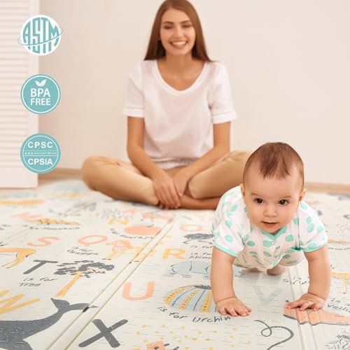 Sour Lemon Baby Playpen with Play Mat, 79x71 inch Extra Large Playpen for Babies and Toddlers, Baby Fence Play Pen Yard with Safety Gate Fence with 50 Ocean Balls 4 Pull Rings for Kids Indoor Outdoor