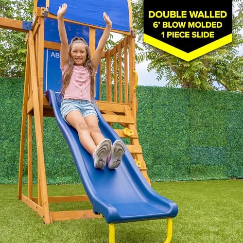 Sportspower Augusta Wooden Swing Set with Heavy Duty A-Frame & 6ft Double Wall Slide, Bonus Anchor Kit Included