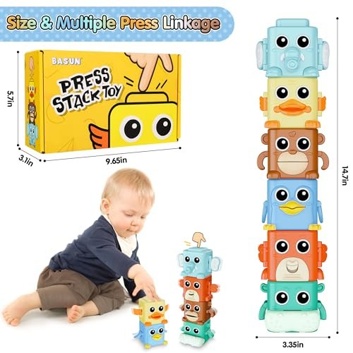 Stacking Toys Set for Toddlers 18+ Months, 6 in 1 Infant Sensory Toys with Changing Expressions, Pressable Animal Stacking Blocks, Christmas Birthday Gifts for 1 2 3 4 Years Old Baby Boys Girls