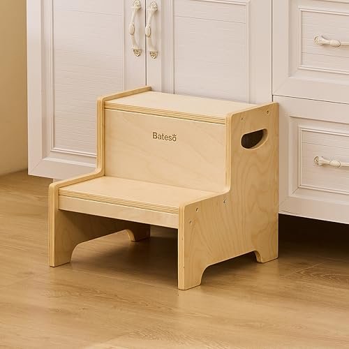 Step Stool for Kids, Wooden Toddler Step Stool with Non-Slip Mats for Bathroom Sink and Kitchen, Potty Training Stool with Handles for Toilet