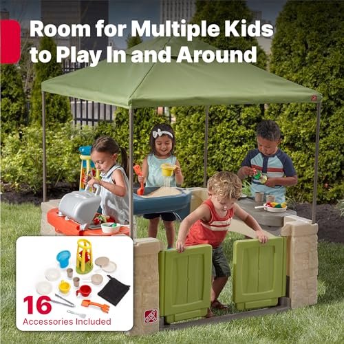Step2 All Around Playtime Patio with Canopy, Kids Indoor/Outdoor Kitchen Playset & Sensory Playhouse, Made of Durable Plastic, Includes 16 Piece Toy Accessories, For Toddlers 2+ Years Old, Green