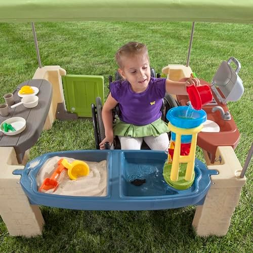 Step2 All Around Playtime Patio with Canopy, Kids Indoor/Outdoor Kitchen Playset & Sensory Playhouse, Made of Durable Plastic, Includes 16 Piece Toy Accessories, For Toddlers 2+ Years Old, Green