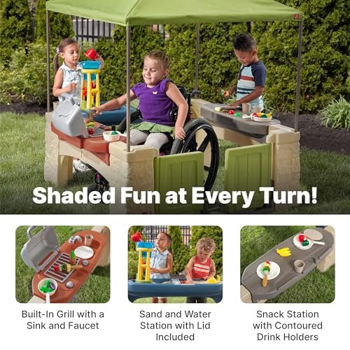 Step2 All Around Playtime Patio with Canopy, Kids Indoor/Outdoor Kitchen Playset & Sensory Playhouse, Made of Durable Plastic, Includes 16 Piece Toy Accessories, For Toddlers 2+ Years Old, Green