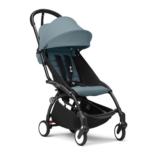 Stokke YOYO3 Stroller from 6 Months - Includes Black Frame/Aqua Seat Cushion + Canopy - Folds in & Out in a Flash - Light & Compact - Carry-On Compatible