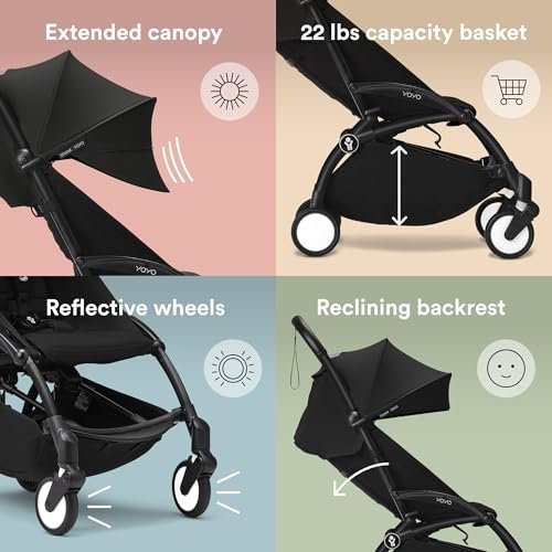 Stokke YOYO3 Stroller from 6 Months - Includes Black Frame, Seat Cushion & Canopy - Folds in & Out in a Flash - Light & Compact - Carry-On Compatible