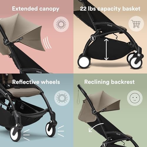 Stokke YOYO3 Stroller from 6 Months - Includes Black Frame/Taupe Seat Cushion + Canopy - Folds in & Out in a Flash - Light & Compact - Carry-On Compatible