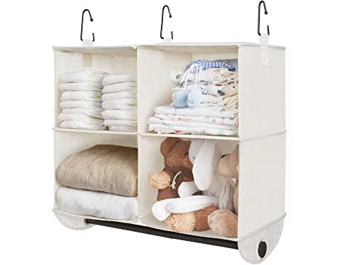 StorageWorks Hanging Closet Organizer with Garment Rod, 4 Section Closet Hanging Shelves, Hanging Clothes Cube Organizer, White & Ivory, 12 ΒΌ" D x 24 Β½" W x 28" H
