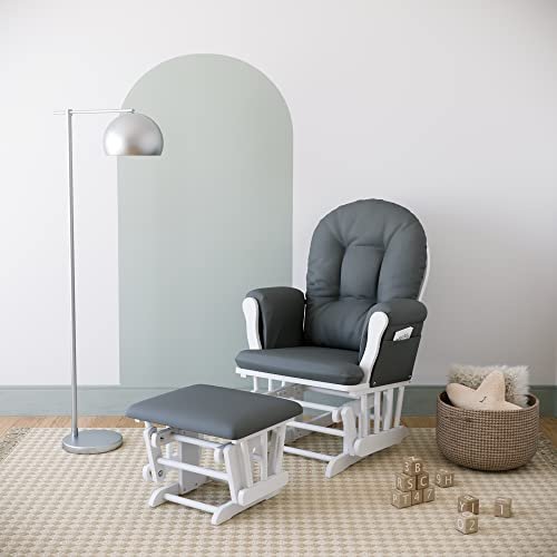Storkcraft Premium Hoop Glider & Ottoman (White/Gray) — GREENGUARD Gold Certified Nursery Glider, Solid Wood Craftsmanship, Smooth-Gliding Nursery Chair and Ottoman, Award-Winning