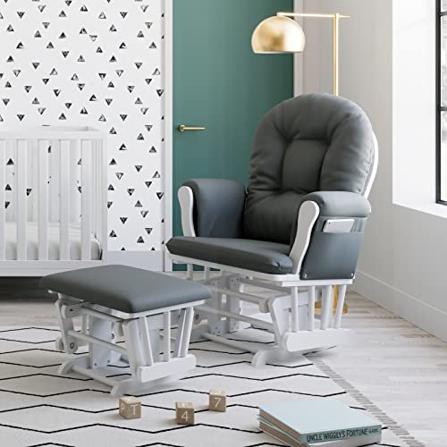 Storkcraft Premium Hoop Glider & Ottoman (White/Gray) — GREENGUARD Gold Certified Nursery Glider, Solid Wood Craftsmanship, Smooth-Gliding Nursery Chair and Ottoman, Award-Winning