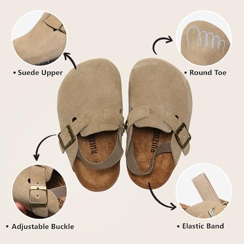 Suede Clogs for Girls Boys Unisex Toddler Slippers Slip-on Kids Shoes Indoor Outdoor Cute Sandals Classic Cork Adjustable Buckle